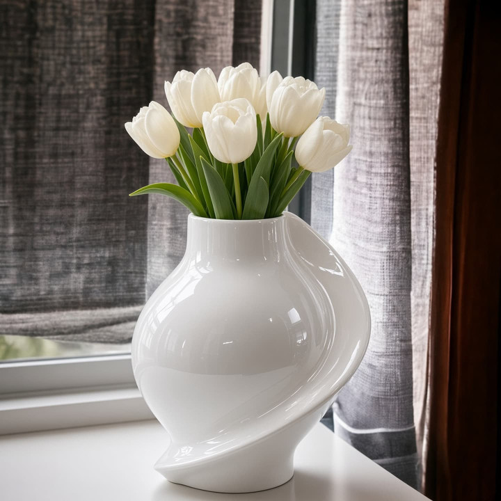 Jarra Saturno de ceramica blanca con tulipanes vista frontal