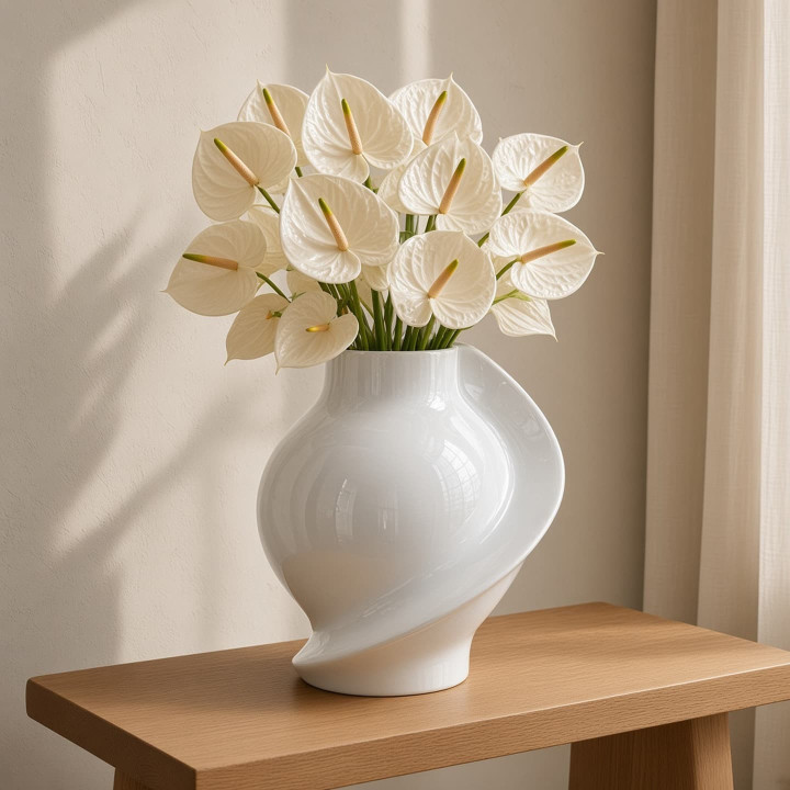 Polierte weisse Keramikvase mit Blumen von vorne gesehen