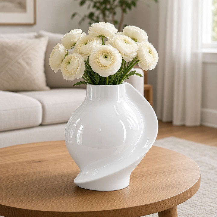 Vaso ceramica bianca scolpito con fiori bianchi vista frontale