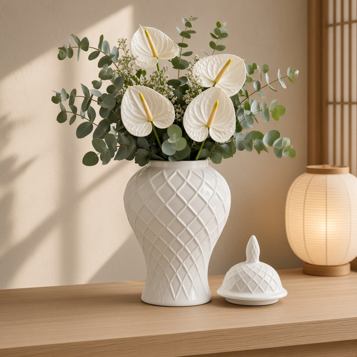 Pot a gingembre ceramique blanche fleurs vue face