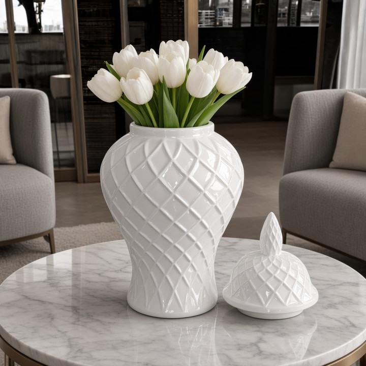 White ceramic ginger jar with tulips front view