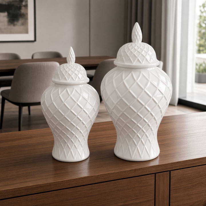 Pots a gingembre blancs geometriques vue face