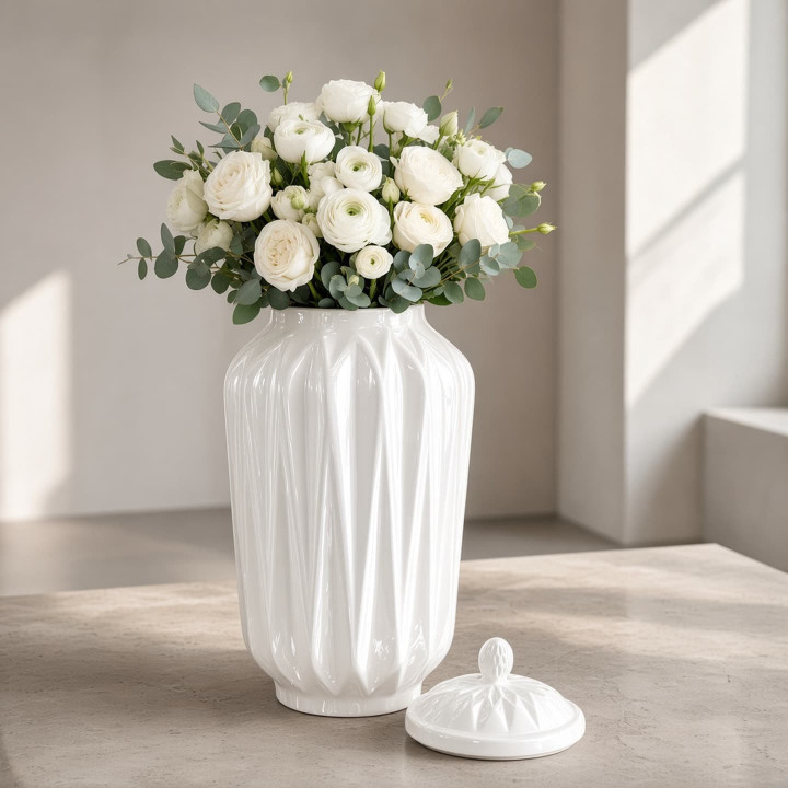 Vase origami ceramique blanche avec fleurs vue face