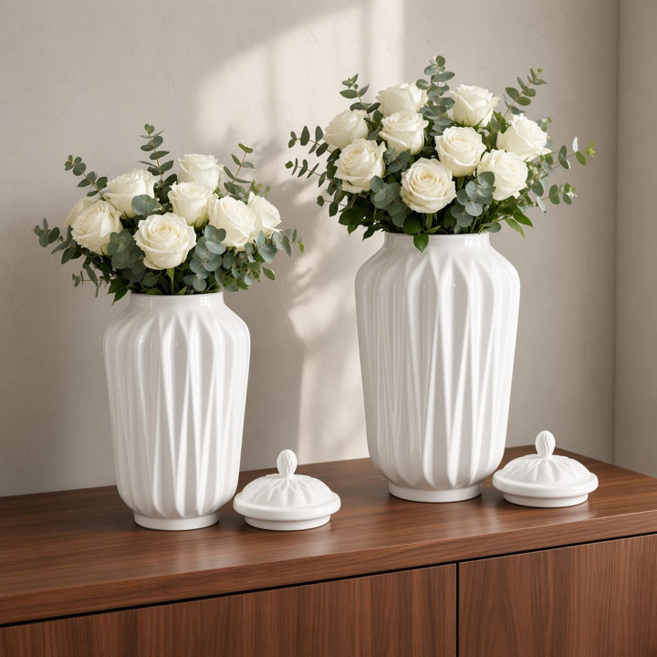 Vases origami en ceramique blanche emaillee vue face