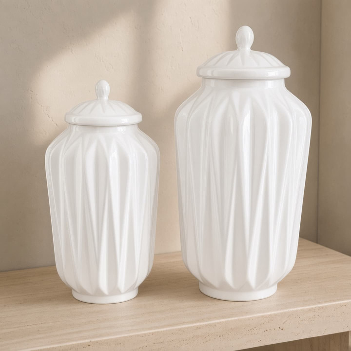 White glazed ceramic origami vases front view