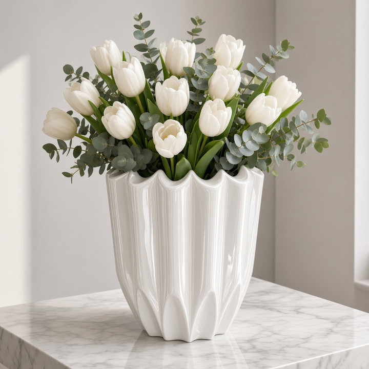 Jarron pequeno ceramica blanca brillante tulipanes vista de frente