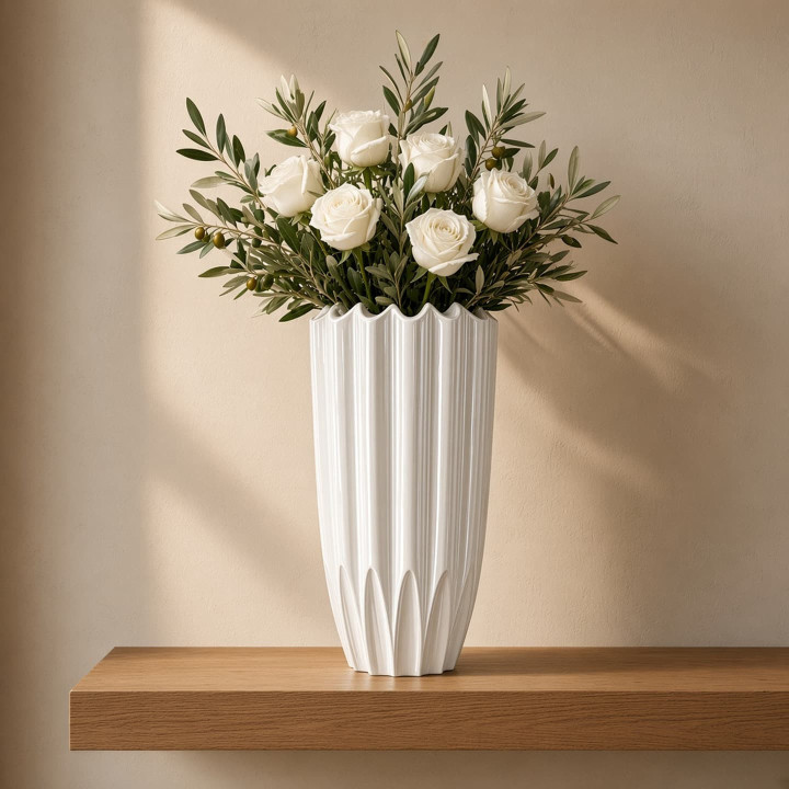 Large glossy white geometric vase front view
