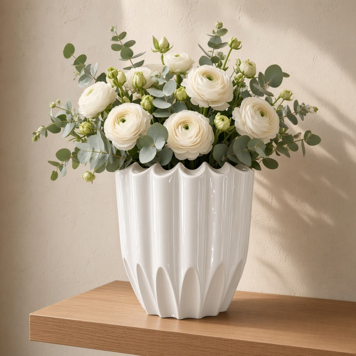 Small ribbed white ceramic vase with flowers