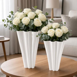White ceramic handkerchief vases with white roses front view