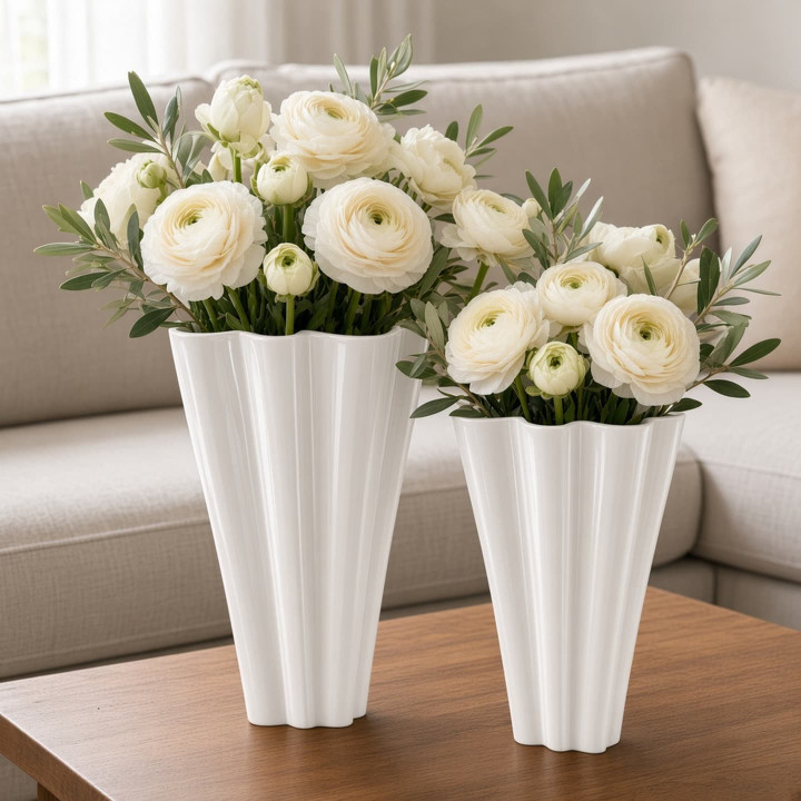 White ceramic handkerchief vases with flowers front view