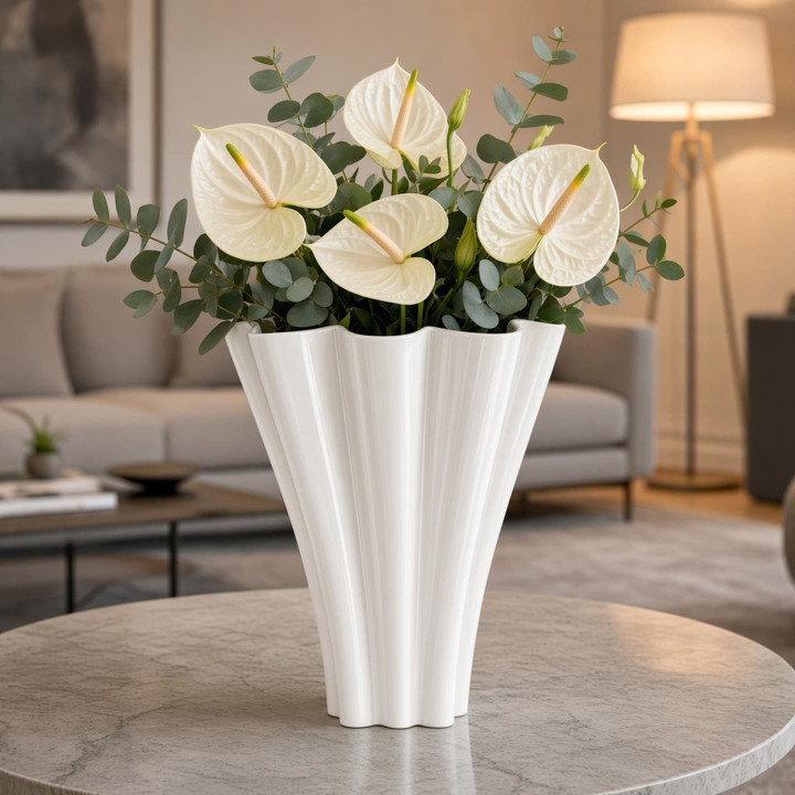 Small shiny white ceramic vase with flowers front view
