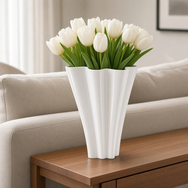 White ceramic handkerchief vase with tulips front view