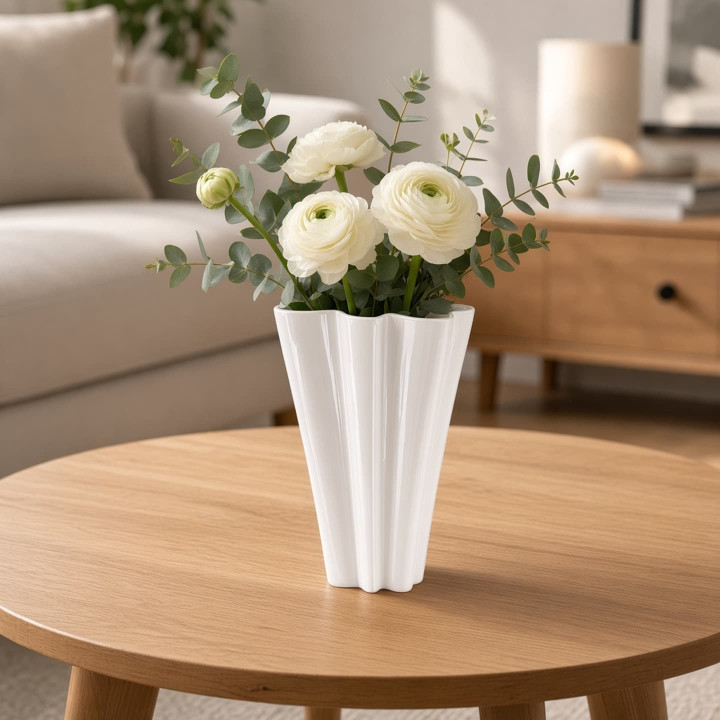 Front view glossy white ceramic handkerchief shape vase