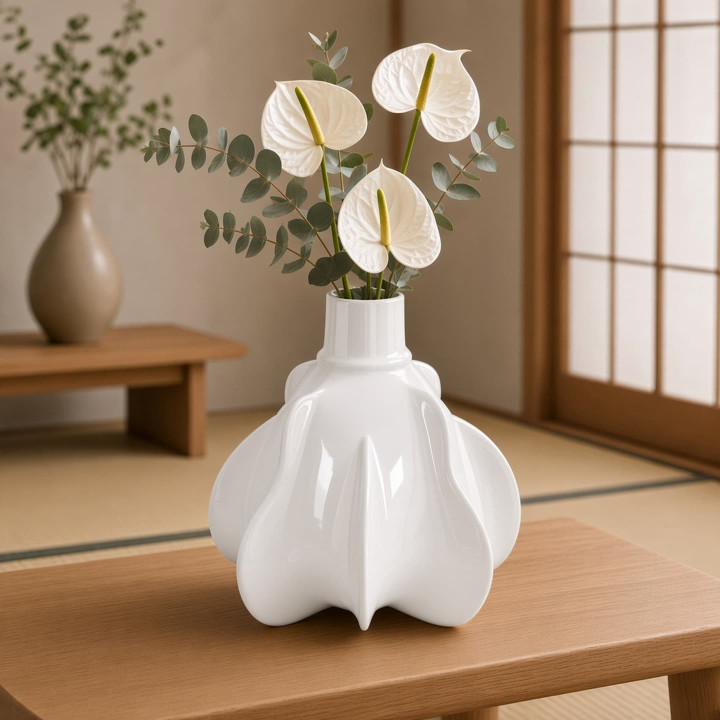 Glossy white ceramic pumpkin vase front view