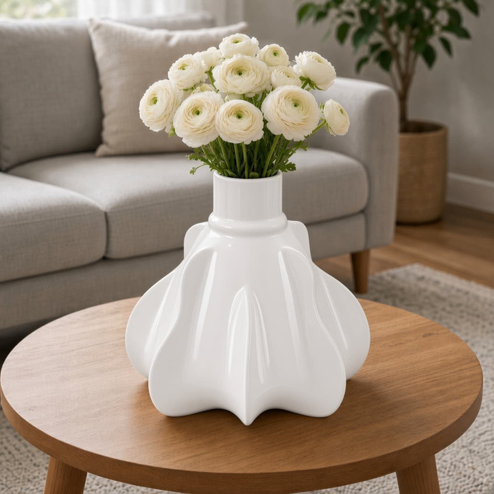 White ceramic pumpkin vase with flowers front view