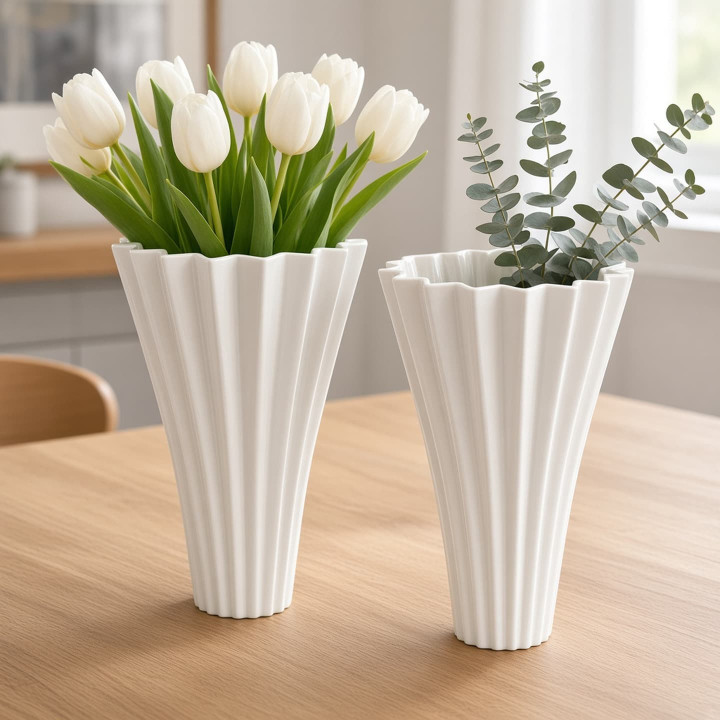 Vases eventail blancs ceramique avec fleurs vue face
