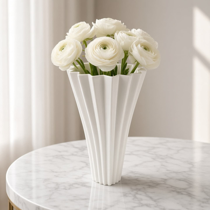 White ceramic fan vase with flowers front view
