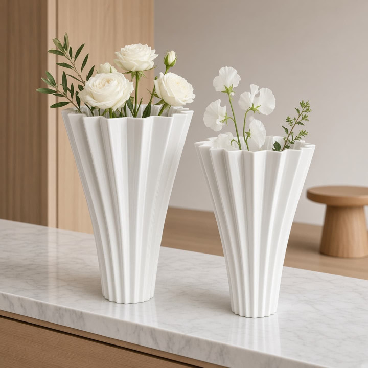 White ceramic fan vases with flowers front view