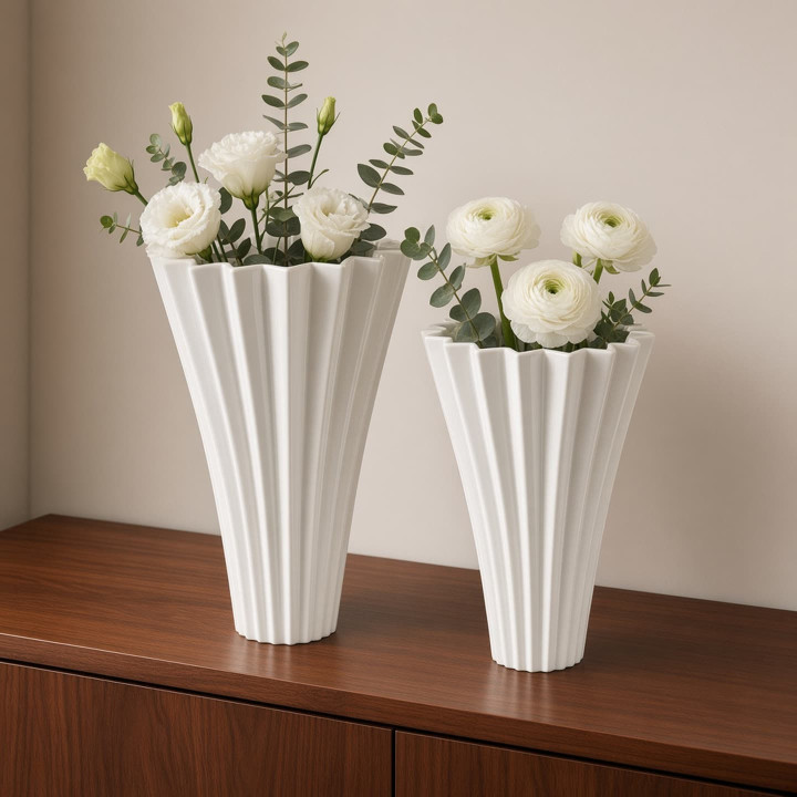White ceramic fan vases with flowers front view