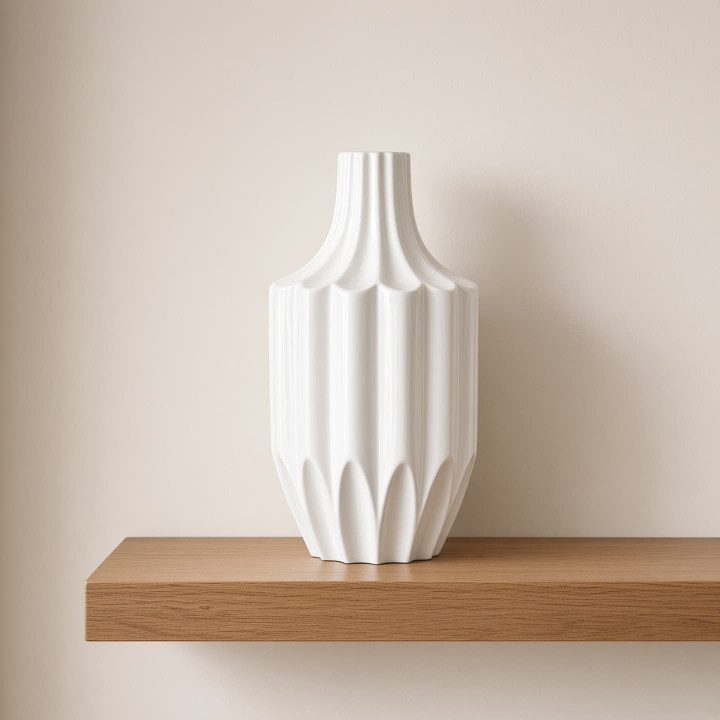Small white ceramic geometric vase on a shelf