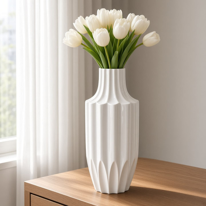 White geometric ceramic vase with tulips front view
