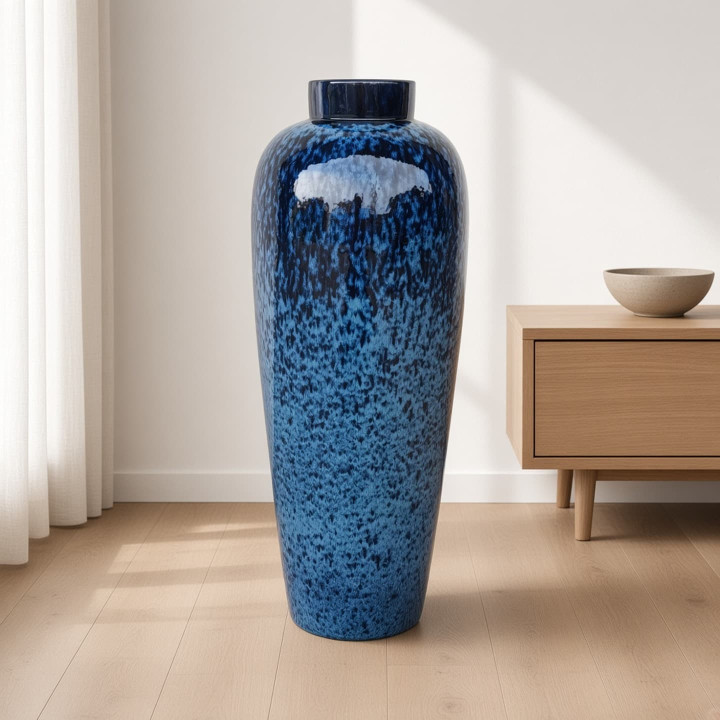 Meeresblaue Keramikvase mit polierter Glasur Ansicht von vorne