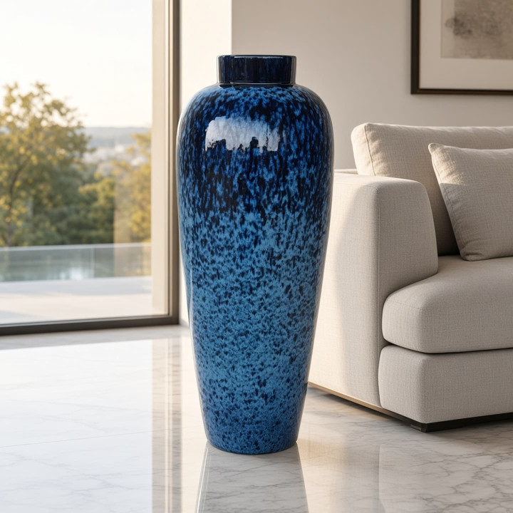 Jarron ceramica azul mar acabado pulido vista frente