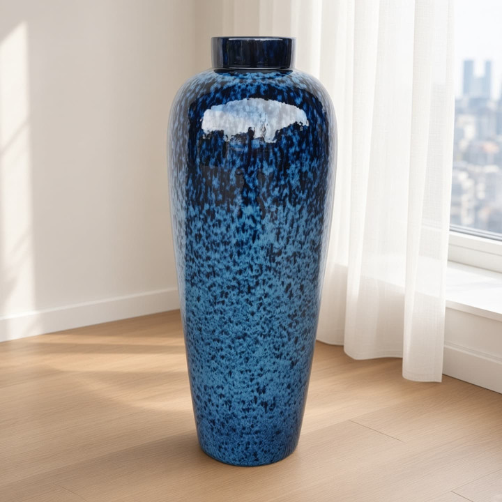 Grand vase sol ceramique bleu degrade haut brillant