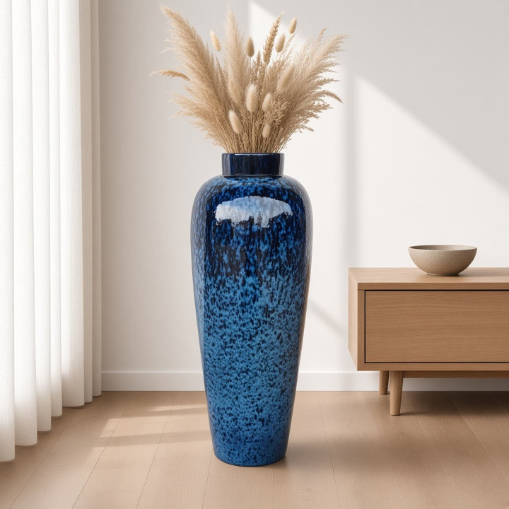 Vase de sol ceramique bleu mer emaille vue face