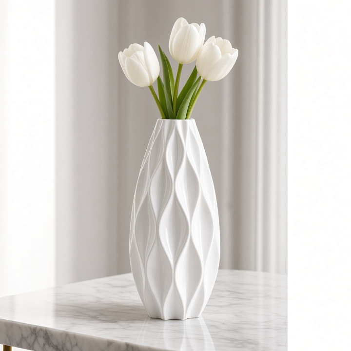 Vase ceramique blanc losanges avec tulipes vue face