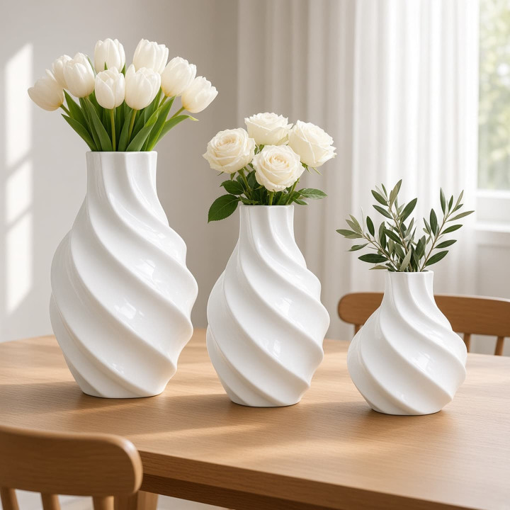 Three sizes of white ceramic twisted vases front view