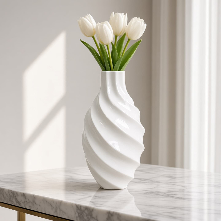Twisted white ceramic vase with tulips front view