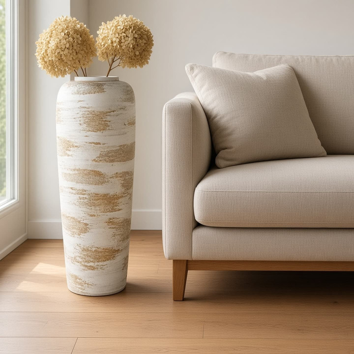 Vaso da pavimento artigianale bianco e oro decorato