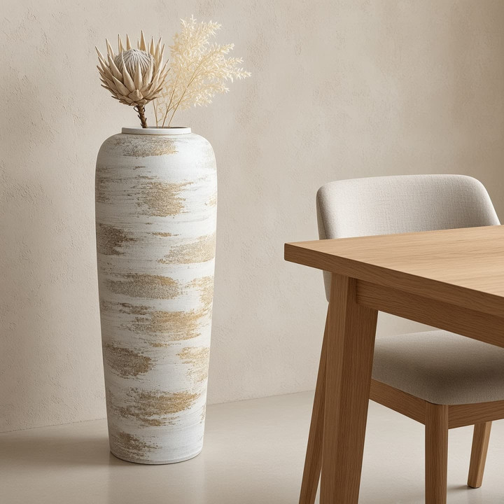 Handcrafted white and gold floor vase living room view