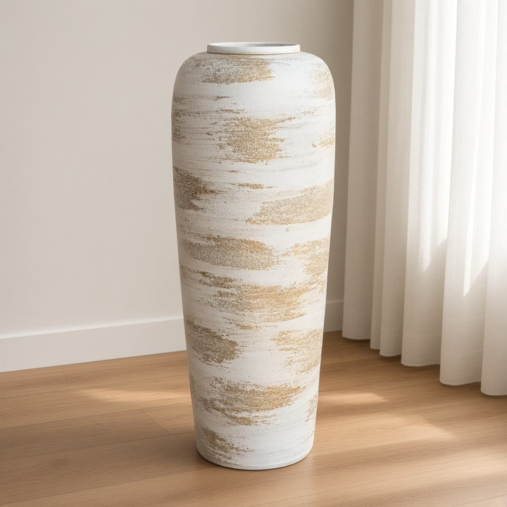 Vaso da pavimento bianco e oro vista in evidenza