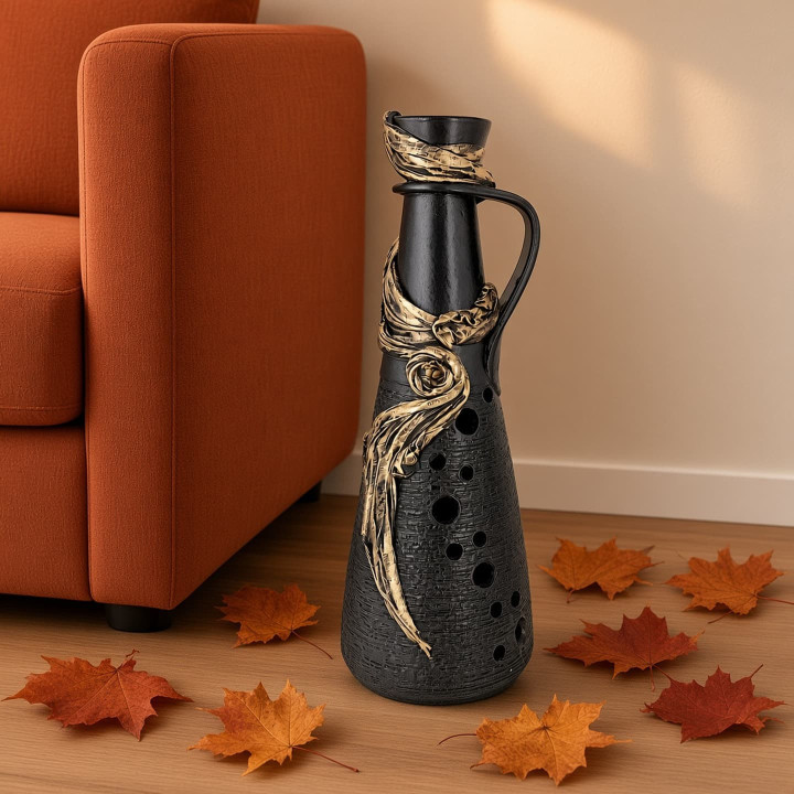 Vase en céramique noire avec noeud doré automne