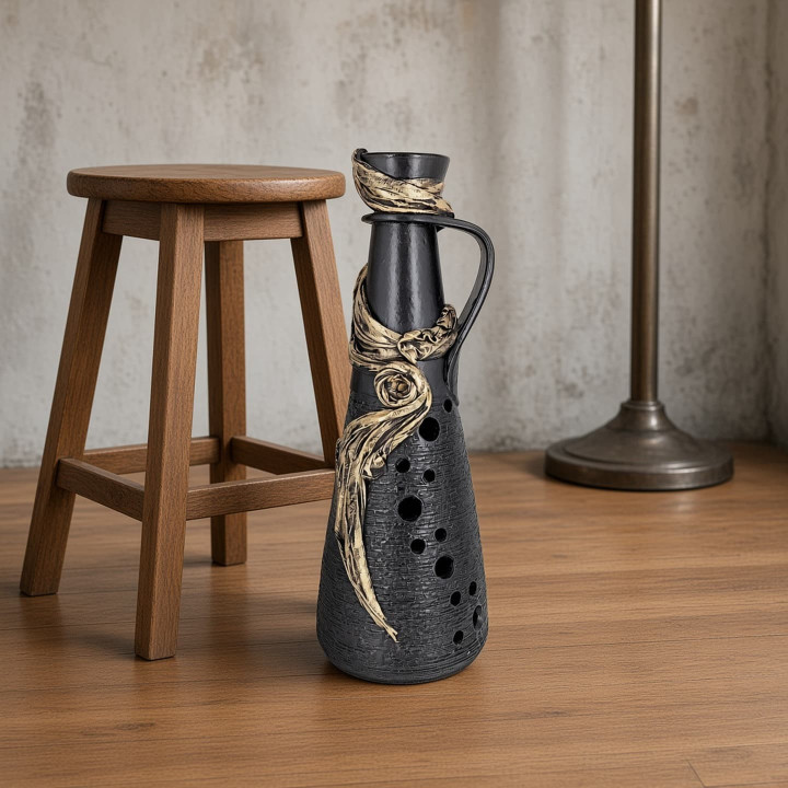 Vase en ceramique noir avec noeud dore vue face