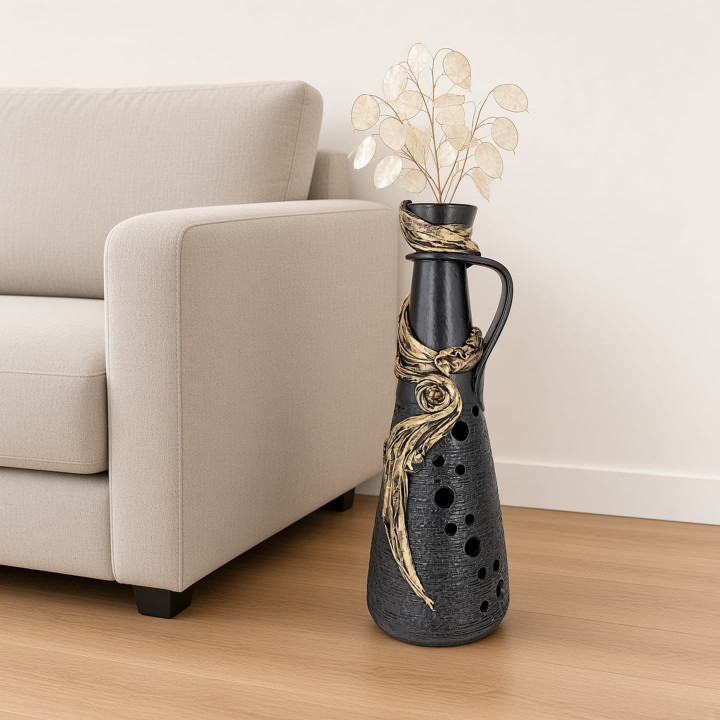 Black floor vase with golden ribbon front view