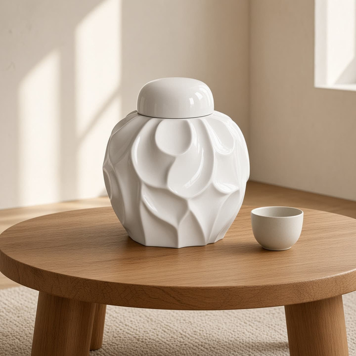 White glazed ceramic ginger jar front view