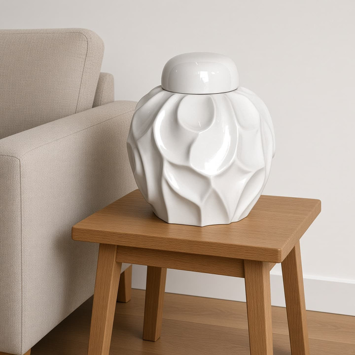 White glazed ceramic ginger jar three quarter view