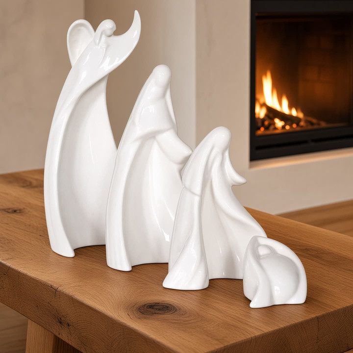 Creche ceramique blanche polie quatre pieces vue avec cheminee
