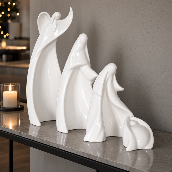 White glazed ceramic nativity scene christmas view 3 4