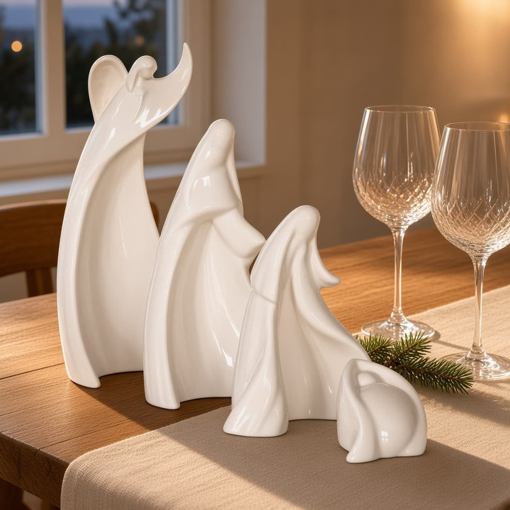 White glazed ceramic nativity scene three-quarter view