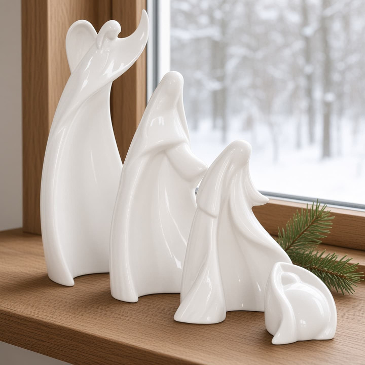Weihnachtskrippe aus weißer glasierter Keramik am Fenster