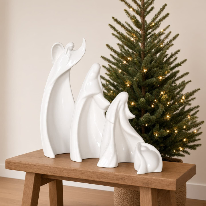 Presepe quattro pezzi ceramica bianca lucida natale