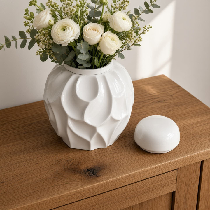 Tarro de jengibre en ceramica blanca esmaltada con flores