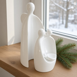 Presepio contemporaneo ceramica vidrada branca vista frente