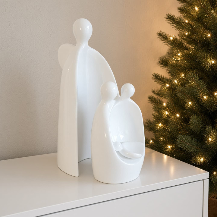 Nacimiento con ángel cerámica esmaltada blanca vista de frente
