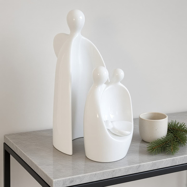 Modern white glazed ceramic nativity scene front view