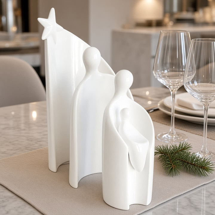 Contemporary white glazed ceramic nativity scene on table
